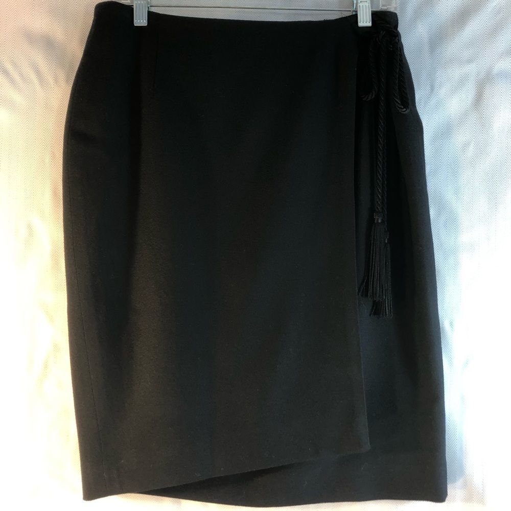 Augustus Vintage Black Wool Faux Wrap Skirt Side Tassel Tie Made in USA 12👍